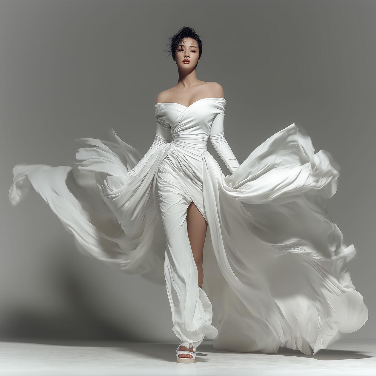 權域之境 Sovereingn Realm – Haze White Portrait Series Elegant woman in a flowing couture gown, walking forward with dramatic fabric motion against a minimal gray background.