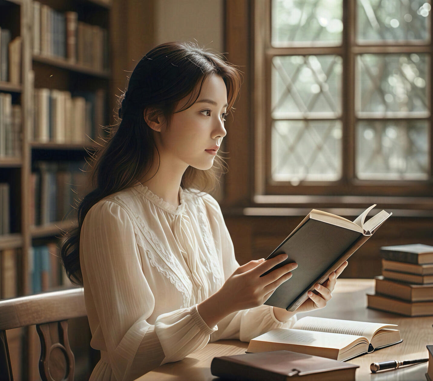 Luxury editorial portrait inspired by magical library aesthetics, featuring a serene reading scene in soft natural light and cinematic atmosphere.